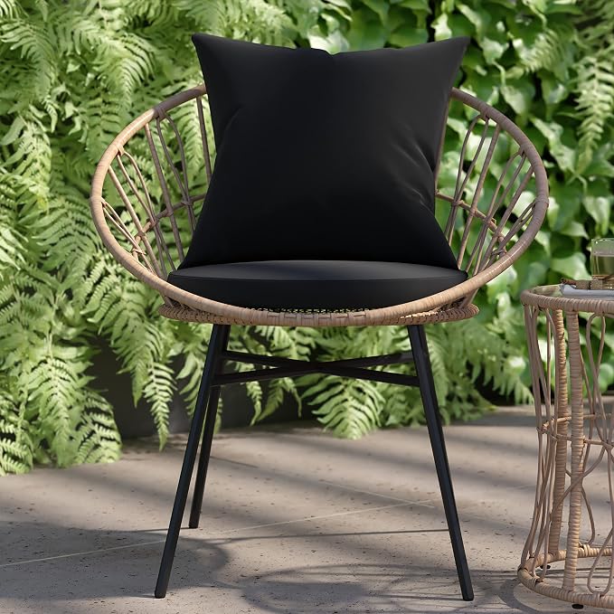 EMMA + OLIVER Ari 3 Piece Boho Patio Set - Tan Finish Faux Rattan Rope Chairs - Black Removable Cushions - Tempered Glass Top Side Table - Indoor/Outdoor