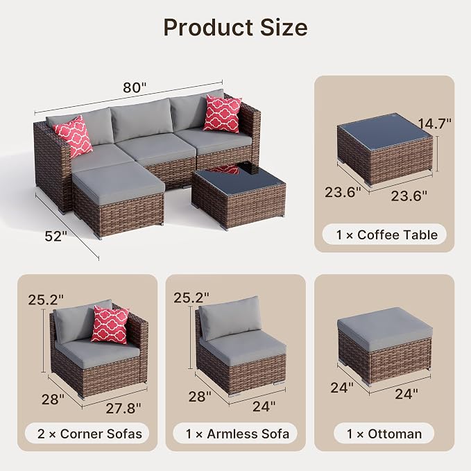 Ahomly 5 Piece Outdoor Patio Furniture Set, PE Wicker Rattan Sectional Sofa with Cushions and Glass Coffee Table, Outdoor Furniture Set for Garden Yard Porch, Grey