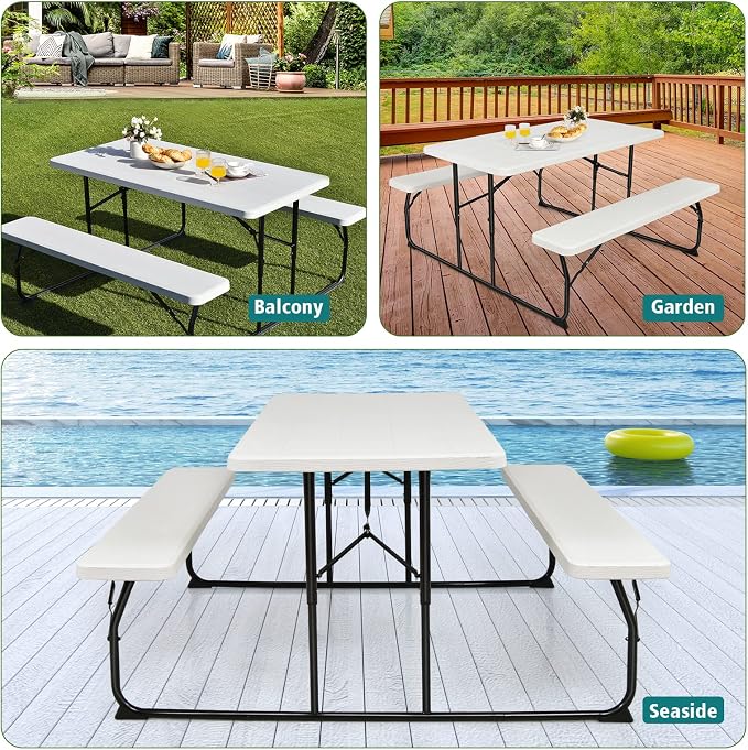 Giantex 4.5 FT Folding Picnic Table Bench Set- Outdoor Dining Set for 4-6 Persons w/All-Weather HDPE Tabletop, Metal Leg, Large Outside Dining Table for Lawn Patio Garden Yard Poolside, White