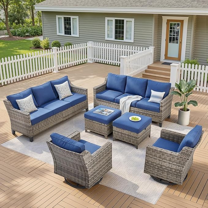 Outdoor Patio Furniture Set-6 Pieces High Back Outdoor Furniture Set Sectional Sofa with Wicker Swivel Rocker Patio Chairs,Thick Cushions Ottomans for Porch Balcony Patio Deck Grey/Blue