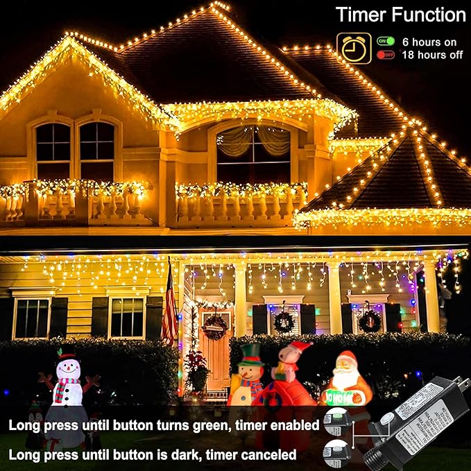 Warm White Christmas Lights Outdoor 99ft 1216 LED Icicle Lights for Outside | Plug in Clear Wire Waterproof Timer Memory for House Eaves Yard Wedding Party Holiday Decorations, 228 Drops String Lights