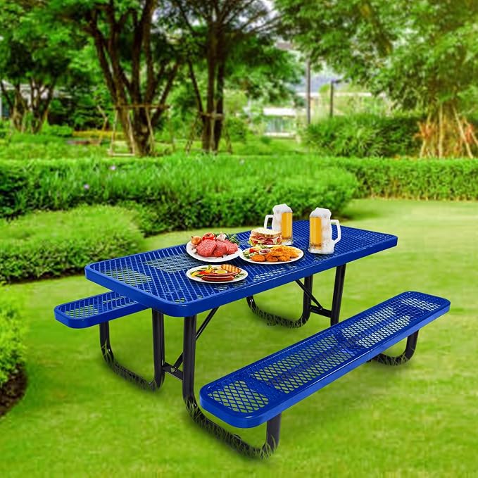 Heavy Duty Picnic Table for Outdoor 1400 lbs Load All Metal Camping Table with Umbrella Hole up to 1.5", Rectangle Dining Table for Commercial Picnic Table with Benches, Blue