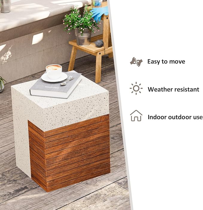 HOMPUS Outdoor Side Table w Faux Wood Design, Patio MgO Concrete Natural End Table, Square Accent Table, Small Coffee Table for Garden, Patio, Porch and Deck, Terrazzo