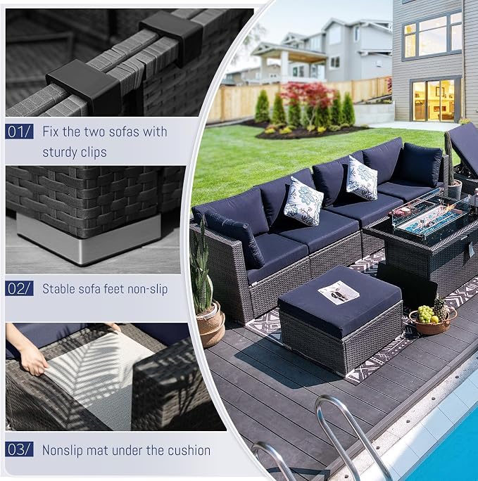 BULEXYARD 9 Pcs Highback Patio Furniture Set with Firepit, High-End Outdoor Sectional Couch with Ottoman 8-Seats, Cozy Comfy Wide Deep Deck Seating Group Conversation, Grey Rattan & Navy Blue Cushion