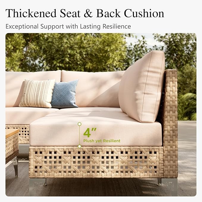 Sophia and William Wicker Patio Furniture Set, 7 Pieces Rattan Outdoor Conversation Sets, L-Shaped Yellow Patio Sectional Sofas Boho Modular Couch Set with Coffee Table for Yard Porch, Beige Cushion