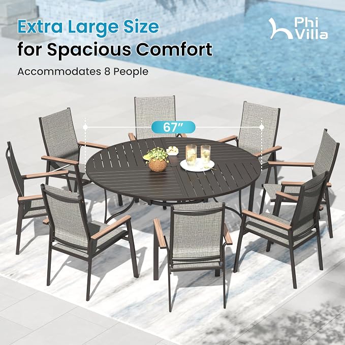 PHI VILLA Round Patio Table for 8, Black Metal Table w/Umbrella Hole | 67" large wrought iron dining table. Slatted top design, weather resistant. Perfect for outdoor deck, porch, backyard.