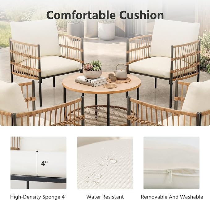 LAUSAINT HOME 5-Piece Outdoor Patio Furniture, All-Weather Wicker Patio Conversation Set with Thick Cushions and 2-Tier Coffee Table for Patio, Balcony, Backyard, Beige