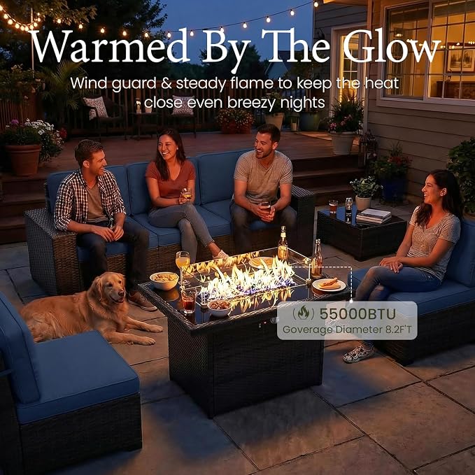 LayinSun 13 Pieces Outdoor Patio Furniture Set with 44" Fire Pit Table Brown Rattan Sectional Sofa Conversation Sets