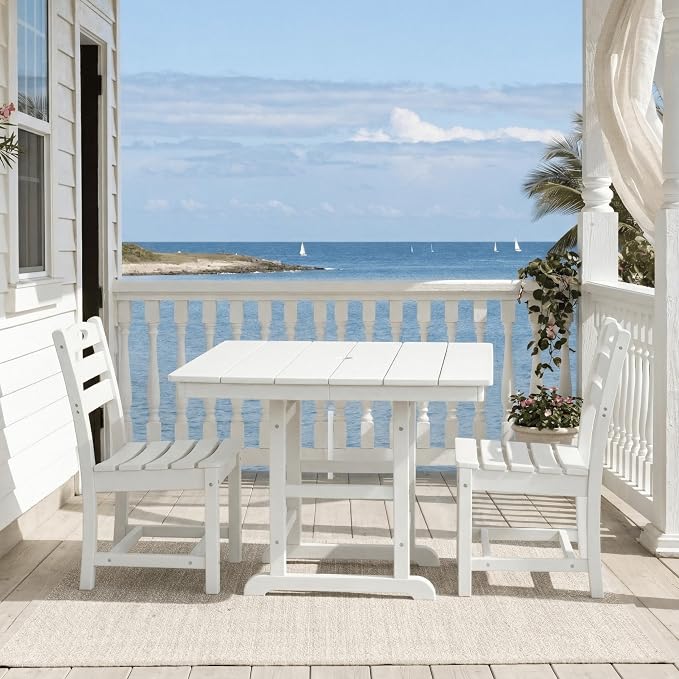 WILLIAMSPACE 37.8" Outdoor Patio Dining Set with 2 Armless Chairs, All Weather HDPE Square Dining Table with Umbrella Hole, Patio 3-Piece Bistro Set for Backyard, Balcony, Lawn, Kitchen (White)