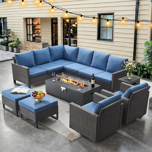 HUMMUH 9 Piece Patio Furniture Set,Outdoor Sectional Sofa Couch & Swivel Rocker Chairs,Propane Firepit with Hidden Fuel Tank,Outdoor Conversation Set for Porch,Garden,Backyard