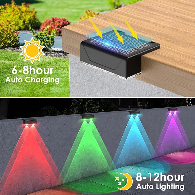 Solar Fence Lights Outdoor - Warm White & RGB 6 Color, Dusk to Dawn Deck Light, IP55 Waterproof Garden Lights for Outside/Backyard/Railing/Step/Patio/Wall (2PK)