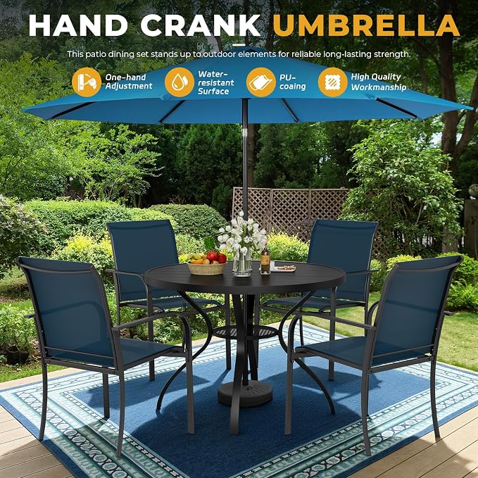 Incbruce 6 PCS Patio Dining Set with Sky Blue Umbrella, Outdoor Dining Set of 4 Textilene Chairs and 41" Round Table with Umbrella Hole for Backyard, Garden, and Poolside (Blue)