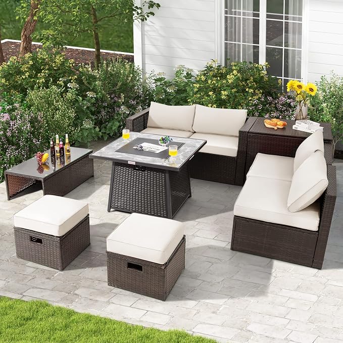 Tangkula 9 Pieces Outdoor Patio Furniture Set with 35-Inch Propane Fire Pit Table, Outdoor PE Wicker Sectional Sofa Set with Storage Box and Cushions, 50,000 BTU Gas Fire Pit Table (Off White)