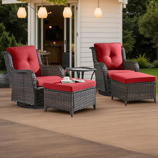 HUMMUH 5 Piece Outdoor Patio Furniture Set Wicker Conversation Bistro Set Swivel Rocking Chairs with Side Table and Ottomans for Backyard, Porch, Balcony
