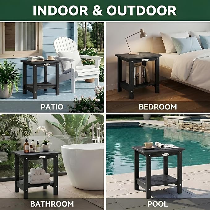 Y&M Outdoor Side Table, HIPS Adirondack Small Double Layer Table, Waterproof Square Outside Table, Balcony Modern End Tables for Patio, Pool, Beach, Porch, Deck, Indoor or Outdoor Use, Black