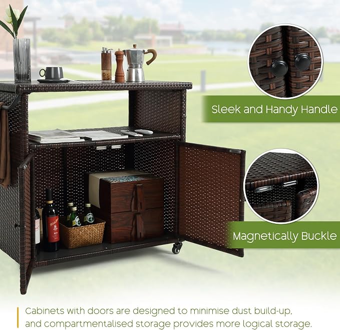 Wicker Outdoor Bar Cart - Brown Patio Console Table Buffet Storage Cabinet Serving Kitchen Cart with Wheels for Outside Backyard