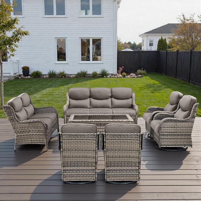 Outdoor Swivel Rocker Patio Chairs Set of 7 with 5" Thick Cushions,7 Piece Furniture Set with Fire Pit Table All Weather Wicker Conversation Set for Porch Deck - Gery Wicker | Gery Cushions