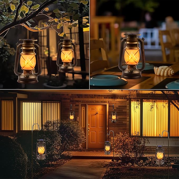 Solar Lanterns Outdoor Waterproof, 4 Pack Vintage LED Hanging Lights | Dancing Flame with Auto On/Off, Bronze Ambient Lighting Decor for Porch, Garden, Yard, Pathway, Patio & Camping