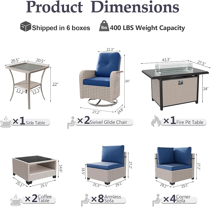 Patio Furniture Set, 18-Piece Outdoor Sectional Sofa with Swivel Rocker Chairs & Fire Pit Table, Wicker Patio Conversation Set with Coffee Table, Blue Cushions