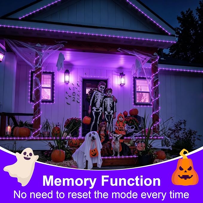 QITONG Purple Solar Halloween Lights, 66ft 200 LED Solar Rope Lights Outdoor, 8 Modes Fairy Lights in Clear Thin Tube