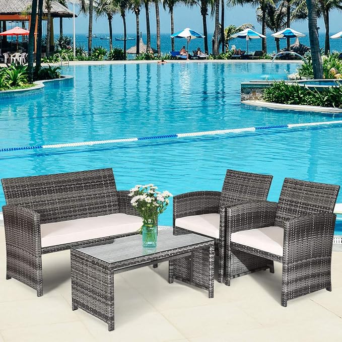 Tangkula 4 PCS Wicker Patio Conversation Set, Outdoor Rattan Sofas with Table Set, Patio Furniture Set with Soft Cushions & Tempered Glass Coffee Table for Poolside Balcony