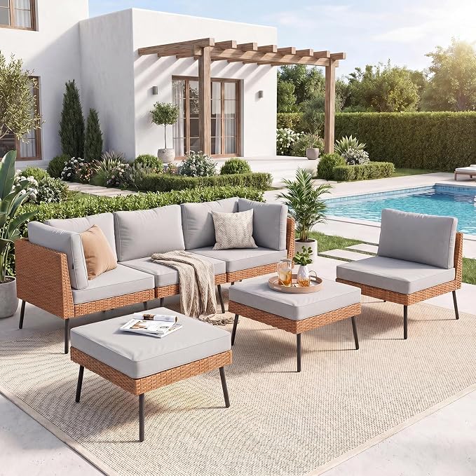Aoxun 6-Piece Patio Furniture Set, Wicker Outdoor Furniture with Water Resistant Thick Cushions, Patio Conversation Set Outdoor Sectional Sofa with Coffee Table for Backyard Poolside, Light Grey
