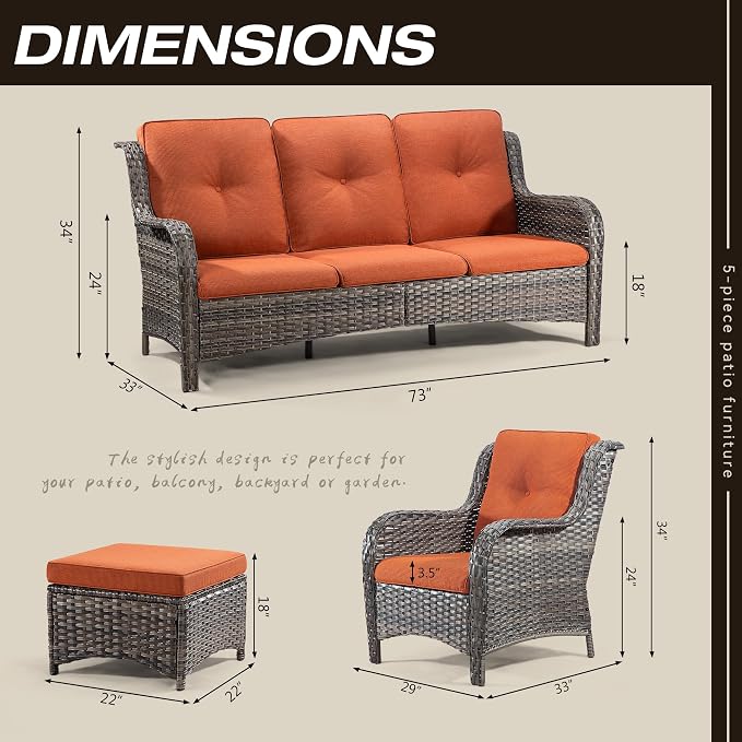 Patio Furniture Set 5-Piece Wicker Outdoor Furniture Conversational Set with 3-Seat Sofa, 2 Armchairs, 2 Ottoman Patio Rattan Wicker Sectional Sofa Set with Olefin Cushions, Orange