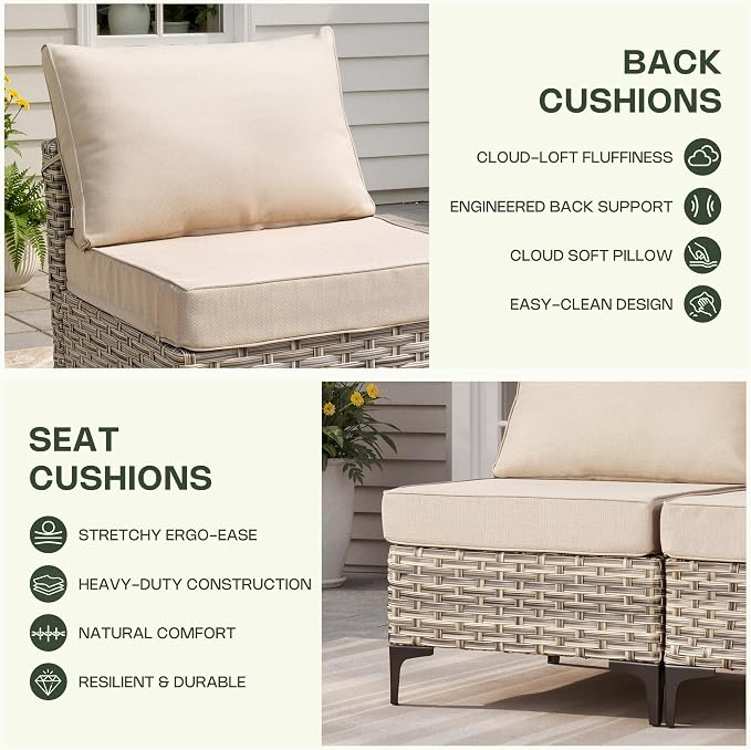 8 Pieces Patio Furniture Set, Outdoor Conversation Set with 360° Swivel Rocker Chairs, Wicker Sectional Sofa & Solar Powered Lighted Table, High Back Outdoor Furniture for Backyard Porch, Beige