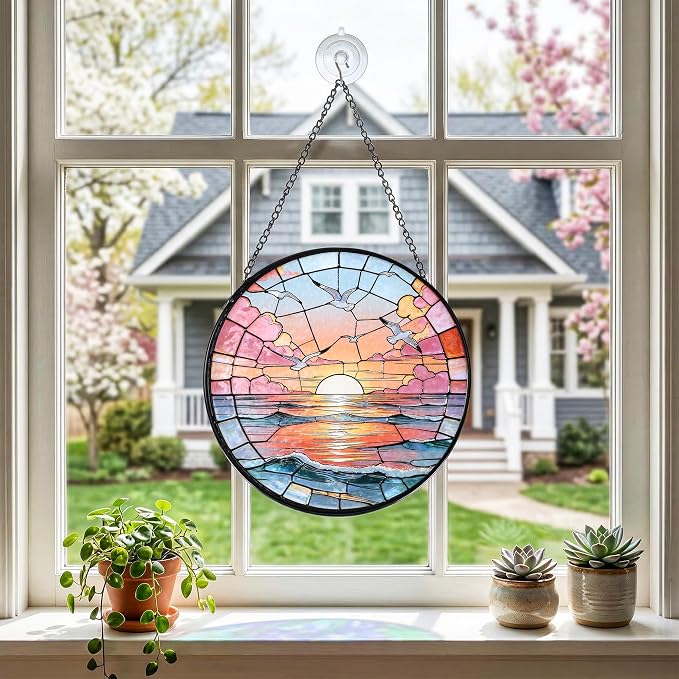 Hanging Stained Glass for Windows,20cm/7.87inch Sea Sunrise Stained Glass Suncatcher with Chain Garden Diamond Glass Panel Hangings Decoration for Home Decor Gifts for Family Friends Colleagues