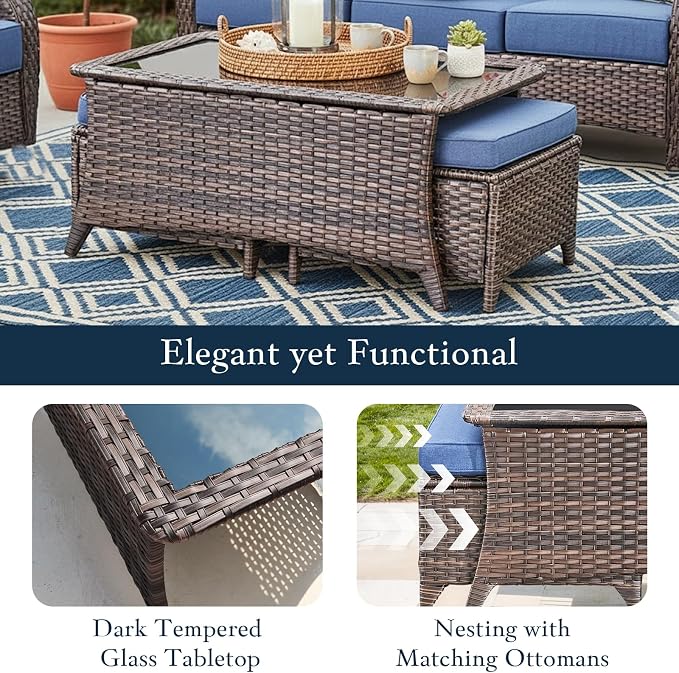 Luxury High Back Outdoor Furniture with 6-inch Extra Thick Cushions, Patio Furniture Set with Swivel Chairs, 7 PCS Wicker Conversation Set for Yard, Deck, Poolside, Brown/Blue