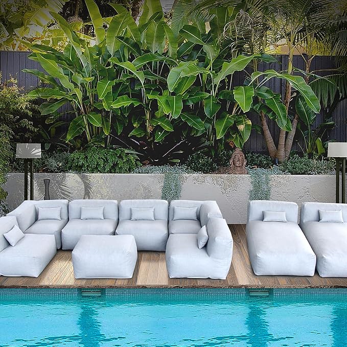 Dineli ANNYH Patio Eraclea 9PCS Outdoor Furniture Sectional Conversation Set - 2 Lounger 4Middle 2 Corner 1 Ottoman/Coffee-Expansion Foam Filling Chairs. Unique Modular Contemporary Sofa (Cloud Gray)