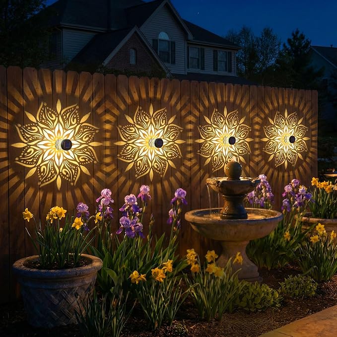 2 Pack Solar Fence Lights Metal Solar Powered Outdoor Wall Deck Step Lights Mandala Theme Waterproof Fence Light for Garden Post Patio Backyard Yard Decor, Gardening Gifts for Women Mom Grandma