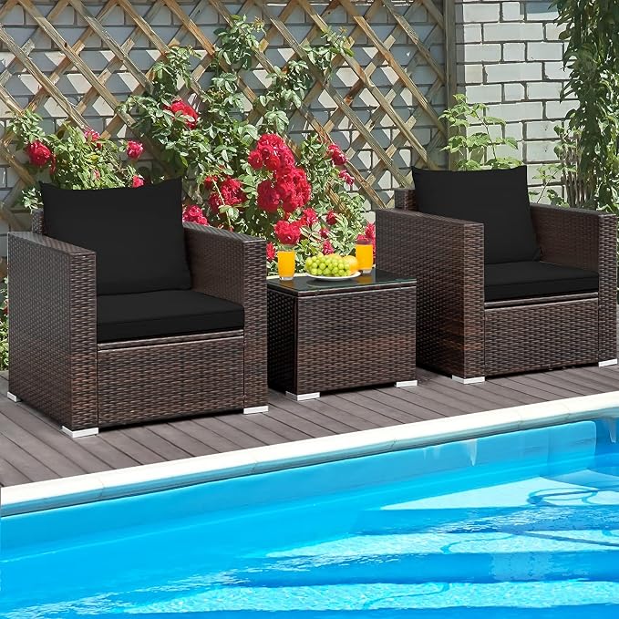 COSTWAY 3-Piece Patio Furniture Set, Outdoor Wicker Rattan Sofa with Cushions and Coffee Table with Tempered Glass, Modern Conversation Chair Set for Poolside Backyard Balcony Lawn (Black)