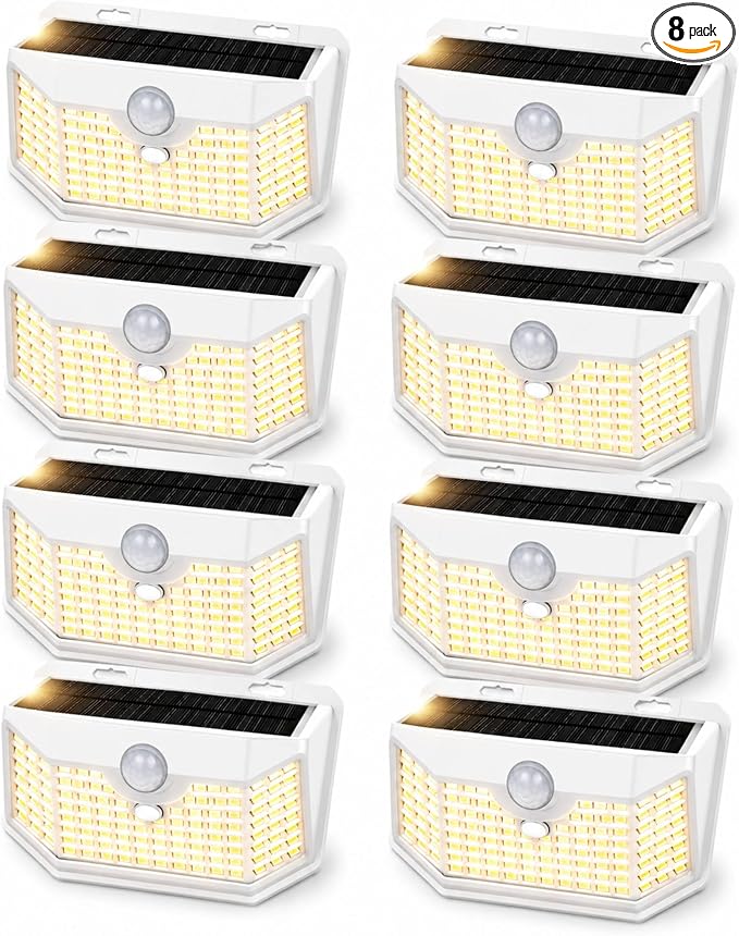 HMCITY 120 LED Solar Lights Outdoor Motion Sensor, 8 Pack, White Warm | 3 Lighting Modes, IP65 Waterproof, Front Button Control, Wide Solar Wall Lights Ideal for Garden Patio Yard