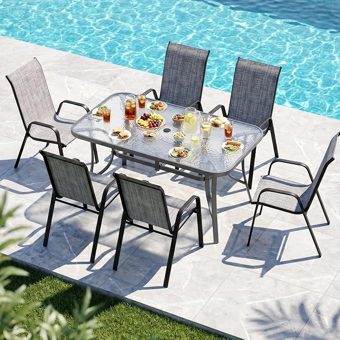 MAMIZO 7 Pieces Patio Dining Set for 6, Outdoor Table and Chairs w/Rectangle Glass Table and 6 Textilene Stackable Chairs, Patio Furniture Set w/1.69" Umbrella Hole (Grey Table & Grey Chair)