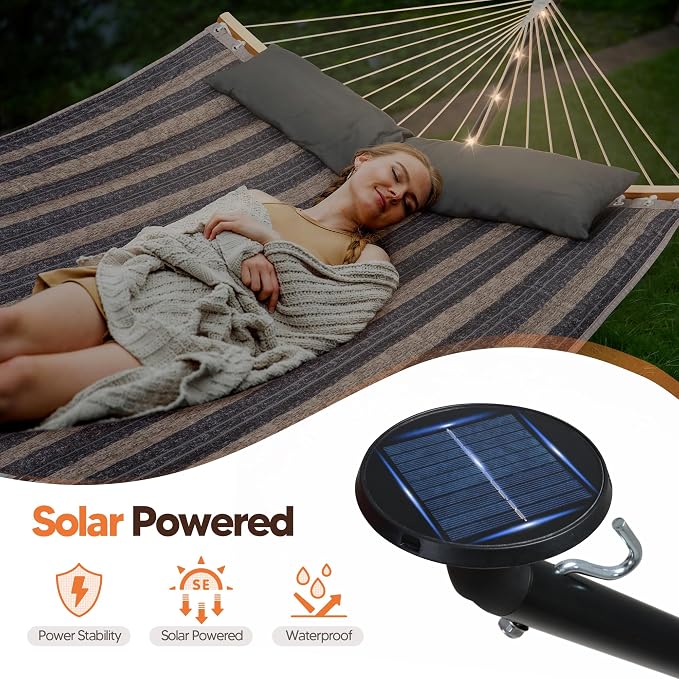 SUNCREAT Double Outdoor Hammock with 12 ft Stand, Stand Alone Hammock with Solar Powered Lights, Gray Stripes