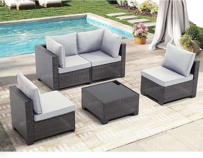 CANMOV 5 Pieces Patio Furniture Sets, All Weather Outdoor Patio Conversation Set, Wicker Sectional Rattan Sofa Couch with Glass Coffee Table and Washable Cushions for Backyard Garden, Porch,Light Grey