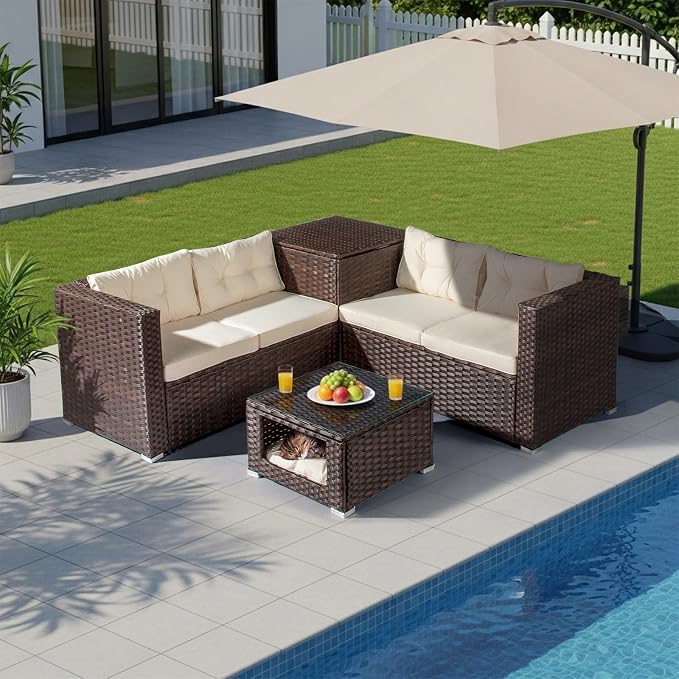 VINGLI 4 Pieces Outdoor Sectional Wicker Patio Furniture with Storage, Patio Sectional Sofa Outdoor Couch Conversation Set, Glass Top Coffee Table for Backyard, Pool, Garden(Brown)
