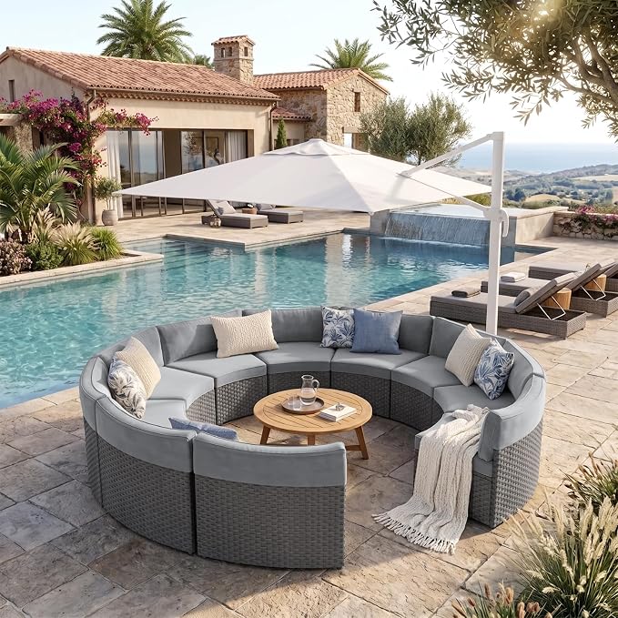 ABCASA Outdoor Patio Furniture Set, 10 Pieces Half-Moon Curved Outdoor Sectional Sofa and Side Table Waterproof Cover, Wicker Rattan Patio Coversation Set for Porch,Backyard(Grey)