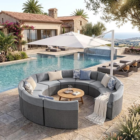 ABCASA Outdoor Patio Furniture Set, 10 Pieces Half-Moon Curved Outdoor Sectional Sofa and Side Table Waterproof Cover, Wicker Rattan Patio Coversation Set for Porch,Backyard(Grey)