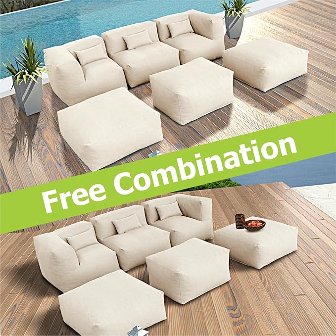 ANNYH PortoCervo 6PCS Patio Outdoor Furniture Sectional Conversation Set Combines 1 Middle & 2 Corner Chairs, 3 Ottoman, Foam Filled Bean Bag Chairs Modular Contemporary Sofa Comfy Couch, Light Beige