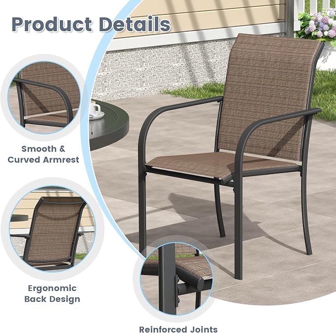 VICLLAX 9 Pieces Patio Outdoor Dining Set, 70" Outdoor Rectangular Metal Dining Table with Umbrella Hole and 8 Stackable Textilene Chairs for Lawn, Garden, Porch, Black/Brown