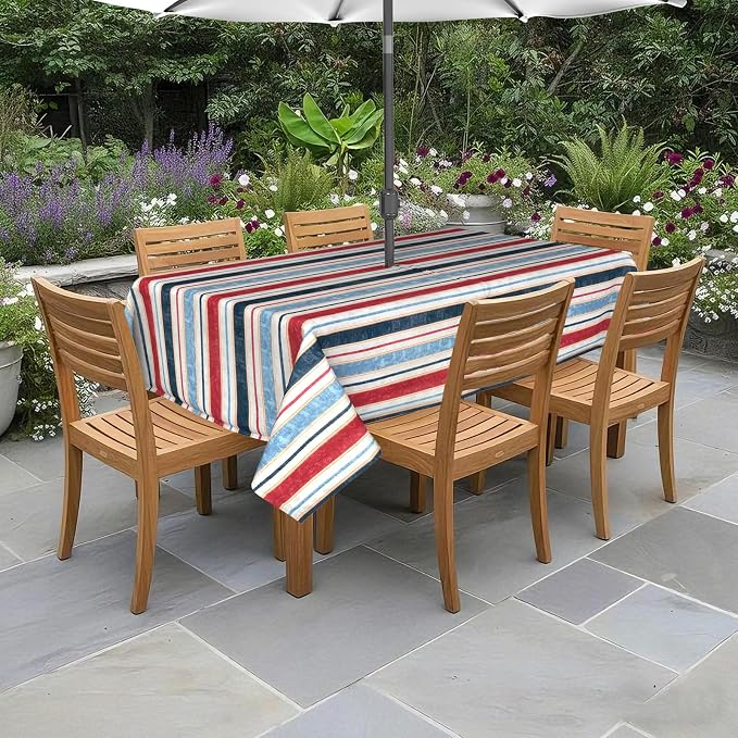DYTXIII Outdoor Rectangle Tablecloth with Umbrella Hole and Zipper 84" x 60", Water Repellent Floral Picnic Cover, Fade & Wrinkle Resistant Tablecloth for Patio/Garden/Party Table, Stripe Red Blue
