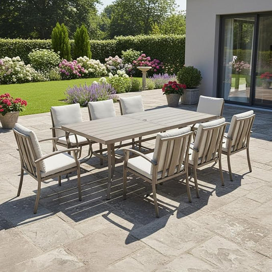 9-Piece Outdoor Dining Set, Never Rusts Aluminum Patio Dining Set with Umbrella Hole, Outdoor Table and Chairs with Cushions, Patio Furniture Sets for Decks, Lawn, Garden, Backyard, Limed Oak