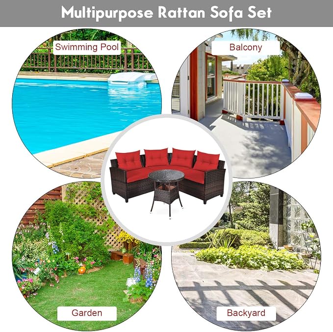 COSTWAY 4-Piece Patio Furniture Set, Wicker Rattan Sofa with Cushions and Coffee Table, Outdoor Sectional Conversation Sofa Set for Poolside Backyard Lawn Backyard (Red)
