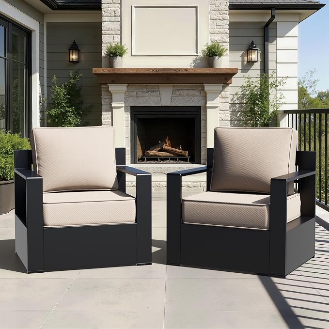 Outdoor Aluminum Furniture, Patio Chairs with 6" Thick Removable Cushions, All-Weather Metal Frame, Deep Setting for Garden, Poolside and Porch,Beige