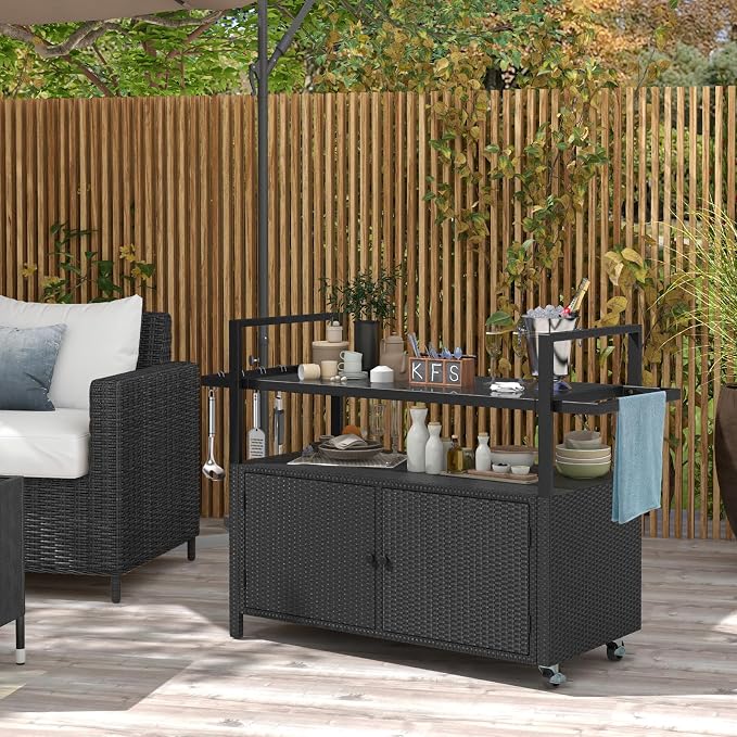 Tangkula Outdoor Bar Cart Table, Patiojoy Rolling Wicker Buffet Wheeled Serving Cart with Tempered Glass Top, Storage Cabinet & 8 Hooks, for Porch Backyard Garden Poolside (Black)