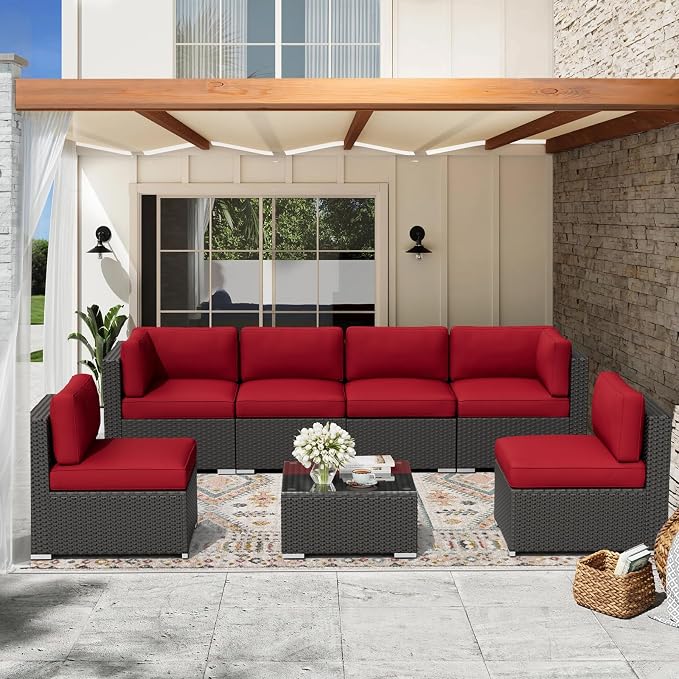 Oakcloud 7-Piece Outdoor Patio Furniture Black Rattan Wicker Sectional Sofa Conversation Set with Glass Top Table and Cushions (Red)