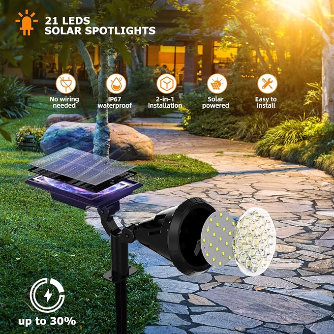 Solar Spot Lights Outdoor, 21 LEDs Solar Outdoor Lights Auto On/Off with 3 Modes, IP67 Waterproof Yard Spotlight Landscape Lighting Garden Wall Lights, 2-in-1 Solar Powered Lights, 2Pack