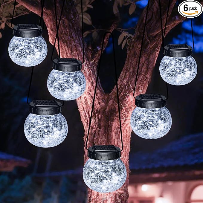 Kolpop Solar Lanterns Outdoor Waterproof 6 Pack, Hanging Solar Lights with 30 LED, Cracked Glass Hanging Globes for Garden Patio Fence Yard Christmas Tree Decoration, Cold White